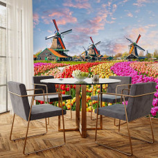 Fotobehang van bloeiende tulpenvelden en Hollandse molens in een keuken.