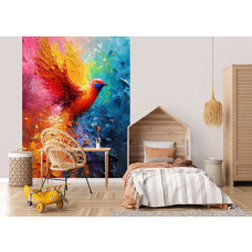 Een fotobehang van een kleurrijk vogel schilderij in kunststijl voor de kinderkamer, met een levendig ontwerp.