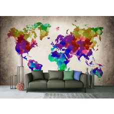 Een fotobehang van een abstracte wereldkaart met levendige kleuren en steden.