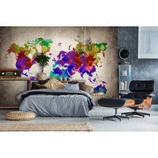 Een fotobehang van een kleurrijke wereldkaart met abstracte landen en steden, perfect voor een slaapkamer.