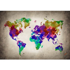 Wereldkaart fotobehang met abstracte weergave van landen en steden in levendige kleuren.