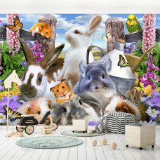 Een fotobehang met konijnen, hamster en marmot in een vrolijke selfie-stijl, ideaal voor een kinderkamer.