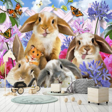 Een fotobehang van schattige konijnen en een hamster in een grappige opstelling.