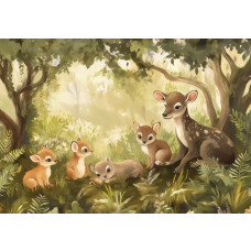 Fotobehang met knusse bosdieren zoals hertjes en eekhoorn in een zonnig bos voor de kinderkamer.