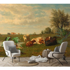 Een bedrijfsruimte met fotobehang met een schilderachtig landschap van koeien grazend in een weide, geïnspireerd op het schilderij van Gerard Bilders uit 1860-1865.