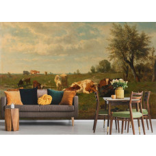 Een eetkamer met fotobehang met een schilderachtig landschap van koeien grazend in een weide, geïnspireerd op het schilderij van Gerard Bilders uit 1860-1865.