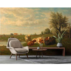 Fotobehang met een schilderachtig landschap van koeien grazend in een weide, geïnspireerd op het schilderij van Gerard Bilders uit 1860-1865 in een kantoor.