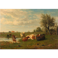 Fotobehang met een schilderachtig landschap van koeien grazend in een weide, geïnspireerd op het schilderij van Gerard Bilders uit 1860-1865.
