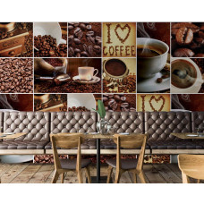 Een fotobehang van een koffiecollage in horeca-stijl voor de eetkamer.