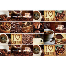 Fotobehang met een koffiecollage en de tekst 'I Love Coffee,' ideaal voor koffieliefhebbers.