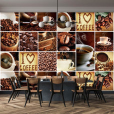 Een fotobehang van een koffiecollage voor een koffieliefhebber, geschikt voor de woonkamer.