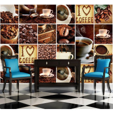 Een fotobehang met een koffiecollage voor de horeca en restaurant.