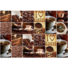 Fotobehang met een collage van koffie en koffiebonen, voor de echte koffieliefhebber.