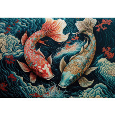 Koi-karper vissen zwemmen door het water, afgebeeld in een gedetailleerd kunstschilderij op fotobehang.