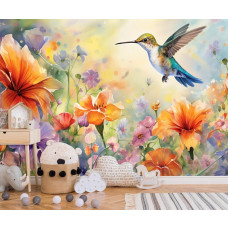 Een fotobehang van een kolibrie met bloemen in schilderijstijl, natuur en vogels in kunst in de babykamer.