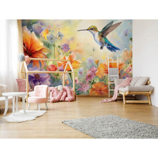 Een fotobehang van een kolibrie met bloemen in schilderijstijl, natuur en vogels in kunst in de kinderkamer.