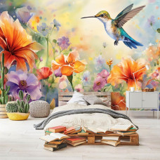 Een fotobehang van een kolibrie met bloemen in schilderijstijl, natuur en vogels in kunst in de slaapkamer.