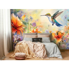 Een fotobehang van een kolibrie met bloemen in schilderijstijl, natuur en vogels in kunst in de woonkamer en slaapkamer.