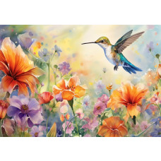 Fotobehang van een schilderij met een kolibrie die tussen bloemen vliegt, in een kunstzinnige weergave van natuur en vogel.