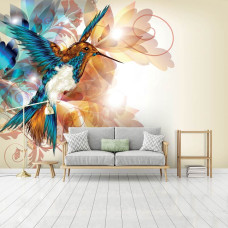 Een fotobehang van een kolibrie in kunstzinnige stijl in vliesbehang voor een woonkamer.