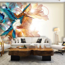 Een fotobehang van een kolibrie in kunstzinnige stijl in een woonkamer.