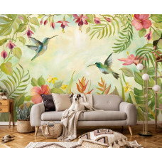 Een fotobehang van kolibries in een jungle in naadloos behang voor een woonkamer.