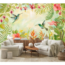 Een fotobehang van kolibries in een jungle met natuurlijke details in vliesbehangstijl voor een woonkamer.