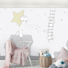 Een fotobehang met konijntjes in de nacht voor kinderen in de babykamer en kinderkamer.