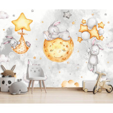 Een fotobehang van konijntjes in de wolken met sterren en maan in een babykamer.