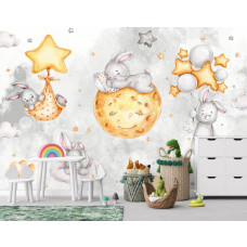 Een fotobehang van konijntjes in de wolken met sterren en maan in kinderbehang in een kinderkamer.
