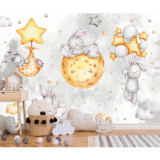 Een fotobehang van konijntjes in de wolken met sterren en maan in de kinderkamer.