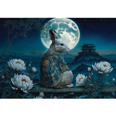 Koninklijk konijn afgebeeld onder een oosterse maan in een mysterieuze kunststijl, weergegeven op fotobehang.