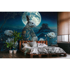 Een fotobehang van een koninklijk konijn in de maneschijn met een oriėntaal maan op vliesbehang in een slaapkamer.