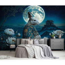 Een fotobehang van een koninklijk konijn in de maneschijn met een oriėntaal maan in een woonkamer en slaapkamer.