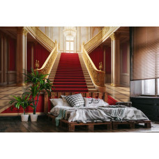 Een fotobehang van een koninklijke trap in een paleis in een serene slaapkamer.