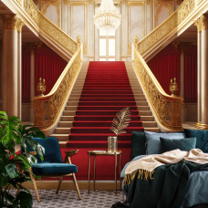 Een fotobehang van een koninklijke trap in een 3D-paleis in vliesbehangstijl voor een slaapkamer.