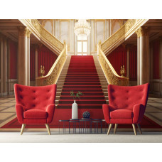 Een fotobehang van een koninklijke trap in een 3D-paleis in een chique woonkamer.