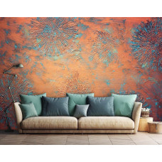 Een fotobehang met koperpatina bloemenwand kunst op vliesbehang voor in de woonkamer met airtex.