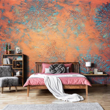 Een fotobehang met koperpatina bloemenwand kunst op vliesbehang voor in de woonkamer.