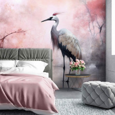 Een fotobehang met een kunstafbeelding van een kraanvogel in een meer in de slaapkamer.