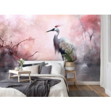 Een fotobehang met een kunstafbeelding van een kraanvogel in een meer, te zien in de slaapkamer.