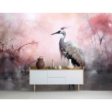 Een fotobehang met een kunstafbeelding van een kraanvogel in een meer in de woonkamer.