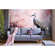 Een fotobehang met een kunstafbeelding van een kraanvogel in een meer in de woonkamer.