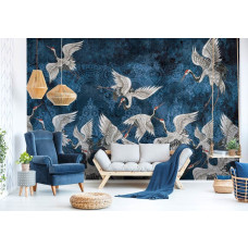 Een fotobehang met abstracte kunst van kraanvogels, ideaal voor een luxe huiskamer.