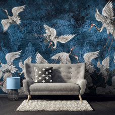 Een fotobehang met abstracte kunst van kraanvogels, perfect voor een serene slaapkamer.