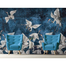 Een fotobehang met abstracte kunst van kraanvogels, passend in een stijlvolle woonkamer.