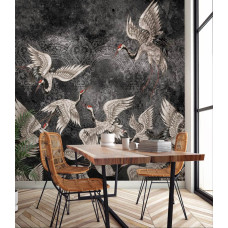 Een fotobehang met kraanvogels in een abstract en kunstzinnig ontwerp in zwart-wit, geschikt voor een stijlvolle keuken.