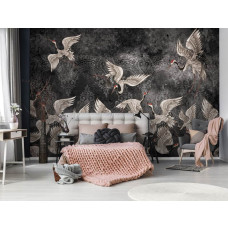 Een fotobehang met kraanvogels in een abstract en kunstzinnig ontwerp in zwart-wit, perfect voor een serene slaapkamer.