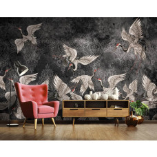 Een fotobehang met kraanvogels in een abstract en kunstzinnig ontwerp in zwart-wit, ideaal voor een luxe woonkamer.