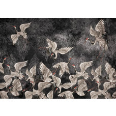 Zwart-wit abstracte kunst van kraanvogels op luxe fotobehang, ideaal voor een modern en stijlvol interieur.